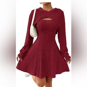 Knitted Two piece tank dress with pullover hoodie - Burgundy